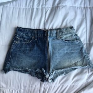 Revice two-tone denim jean shorts with a zipper